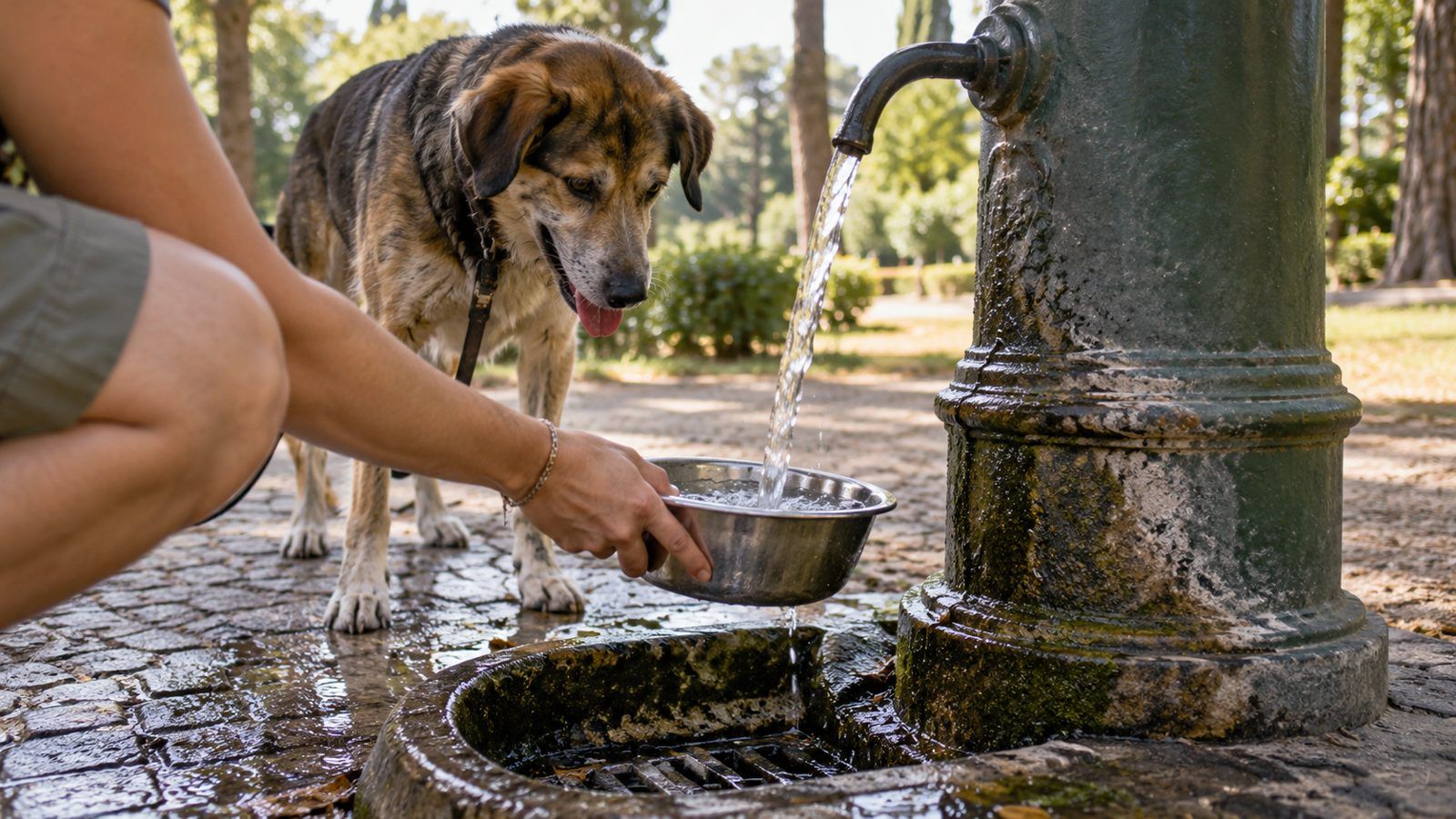 Cane che beve alla fontanella di un'area cani