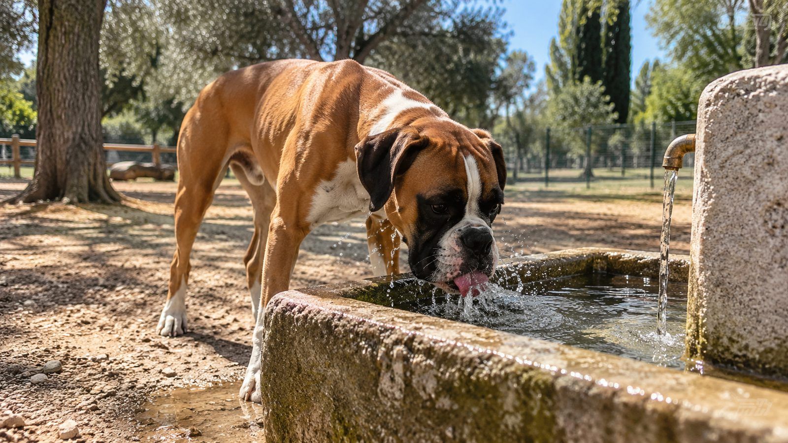 Cane che beve alla fontanella di un'area cani