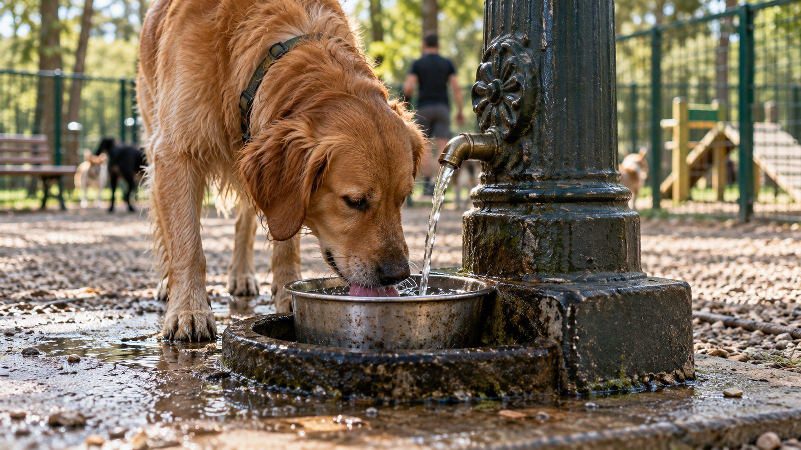 Cane che beve alla fontanella di un'area cani