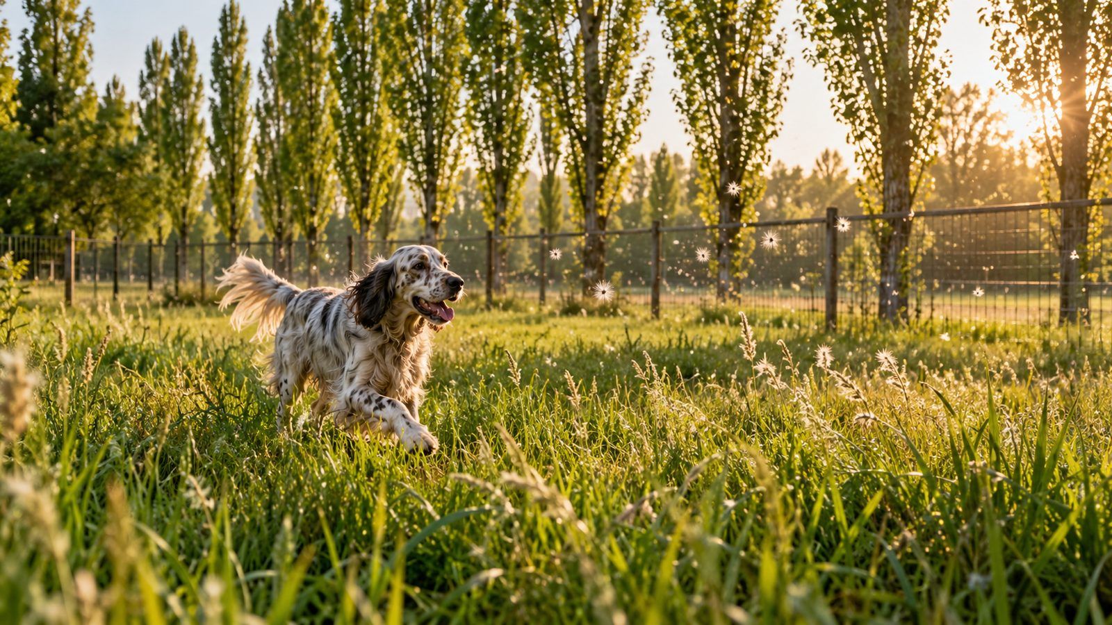 Area cani in un parco di pianura con pioppi