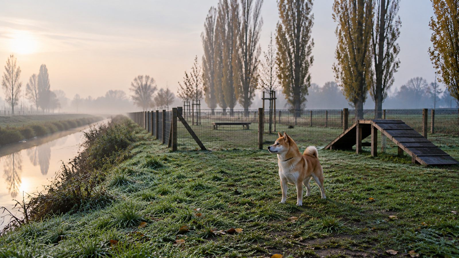 Area cani in un parco di pianura con pioppi