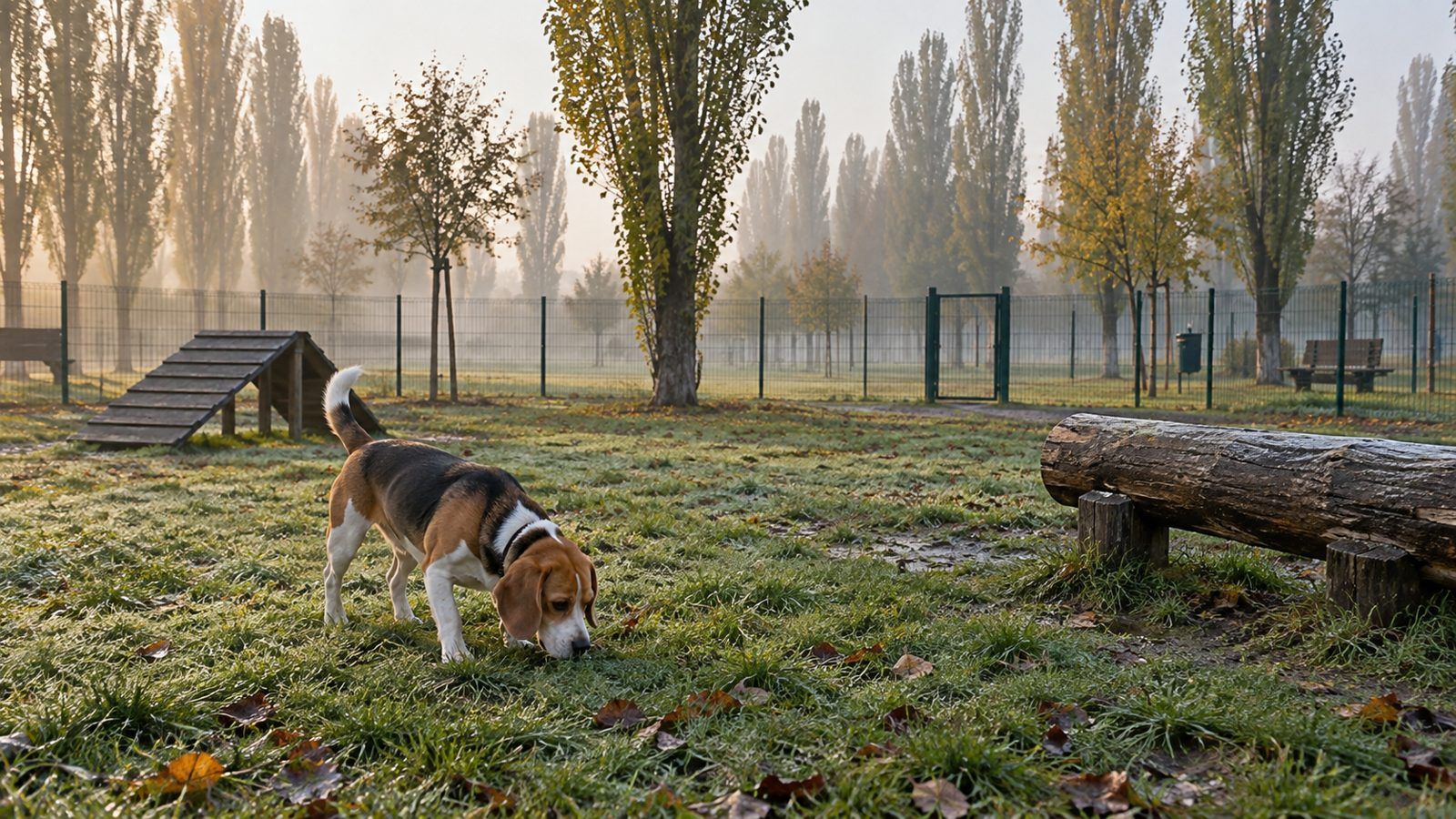 Area cani in un parco di pianura con pioppi