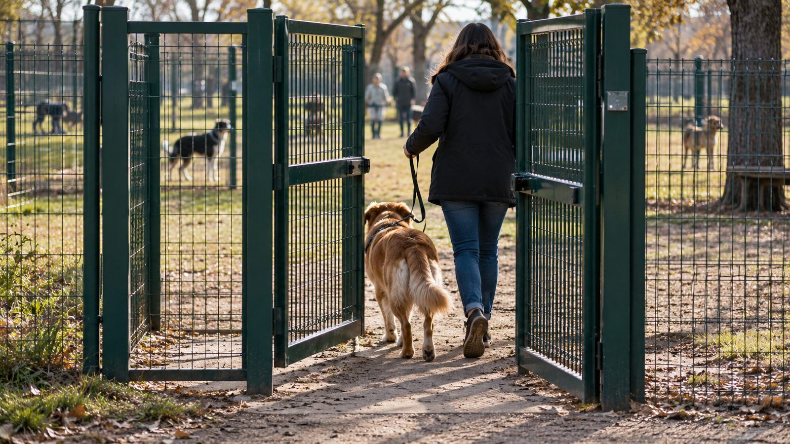 Ingresso a doppio cancello di un'area cani recintata