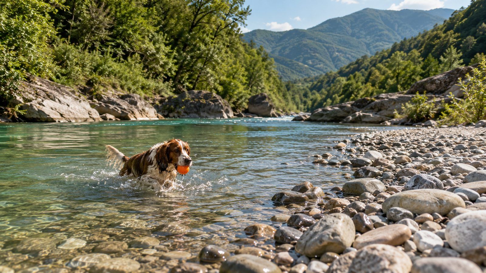 Cane che fa il bagno sulla riva di un lago
